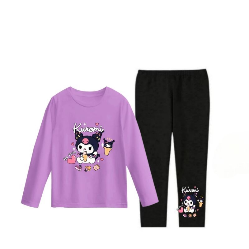 Baju Setelan kaos lengan panjang anak perempuan usia 1-12Tahun Gambar KUROMI CUTE/Setelan lengan pan