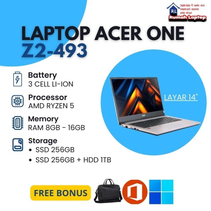 Laptop Acer one 14 z2-493 ryzen 5 ram 16gb ssd 256gb + hdd 1tb 14"