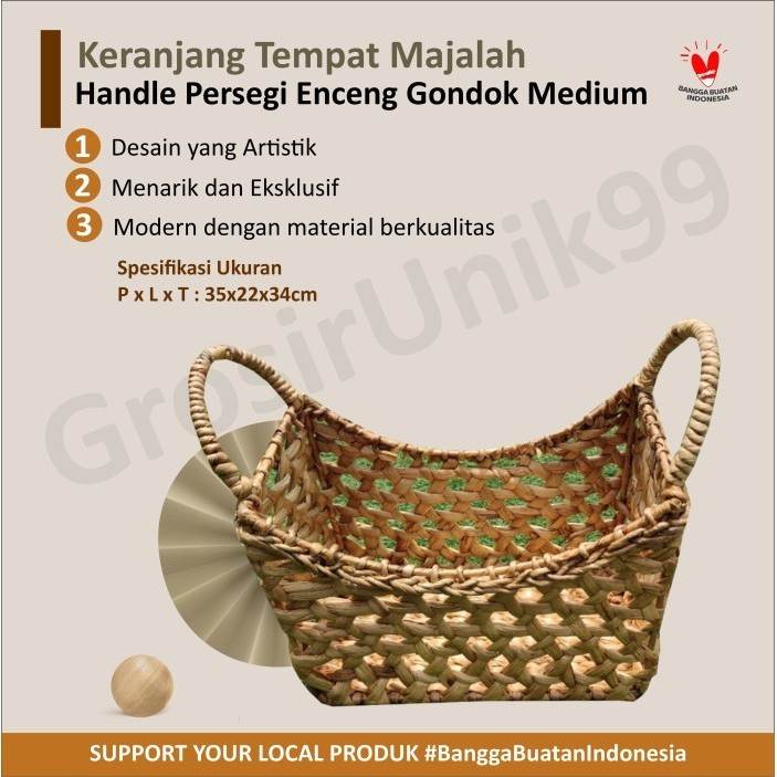 

Keranjang Tempat Majalah Handle Persegi Enceng Gondok Med 35x22x34cm