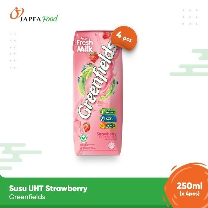 

Greenfields Susu UHT Strawberry 250 ml - isi 4 pcs - 100% Fresh Milk dari Greenfields Farm