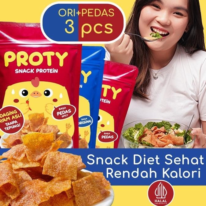 

Snack Cemilan Diet Rendah Kalori PROTY Ori(1)+Pedas(2) Keto Friendly MS54