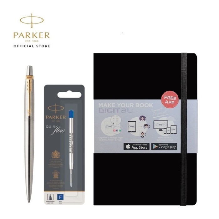 

Ready SPECIAL PACKAGE - Jotter Stainless Steel Gold, Refill Blue, O2O Jurnal