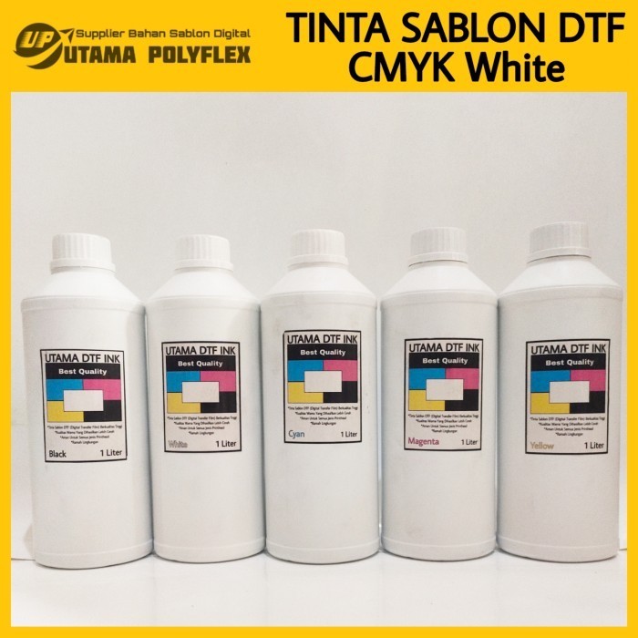 

Ready Tinta Sablon DTF / Utama Digital Transfer Film Ink CMYK White 1 Liter