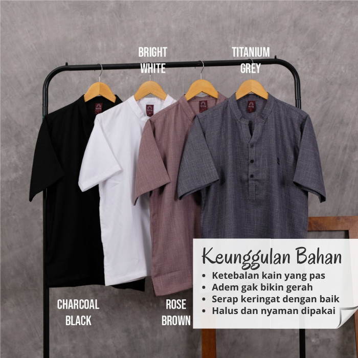 Baju Muslim Pria Koko Putih Linen Lengan Pendek Kokoh Dewasa Polos