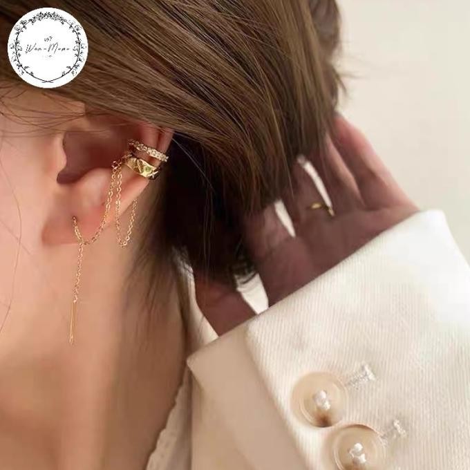 Wanmomo - Trish Earcuff / Anting Jepit Emas Model Rantai Panjang
