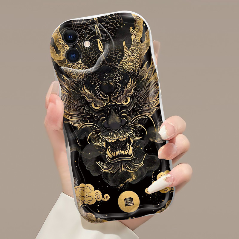 Casing Hp iPhone 11 Pro Max 12 Pro Max Case Casing mewah Emas hitam Pola Naga Keberuntungan  berwarn