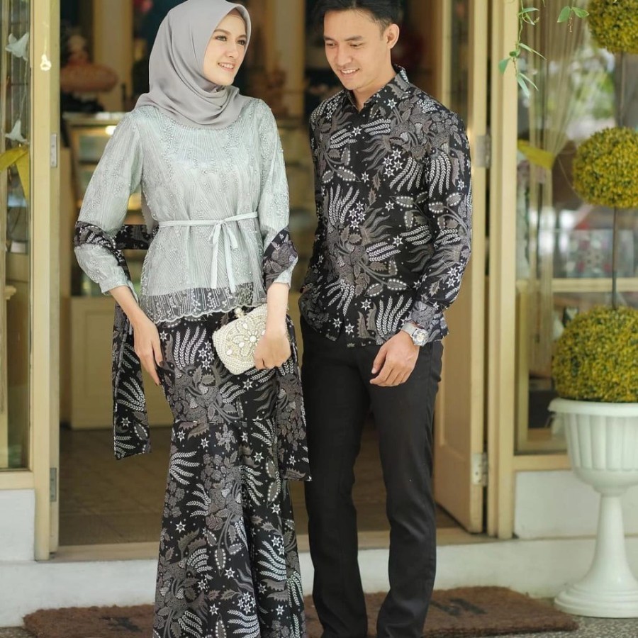 KEBAYA WANITA COUPLE SETELAN WANITA TERBARU BAJU KEMEJA BATIK PRIA - Grey