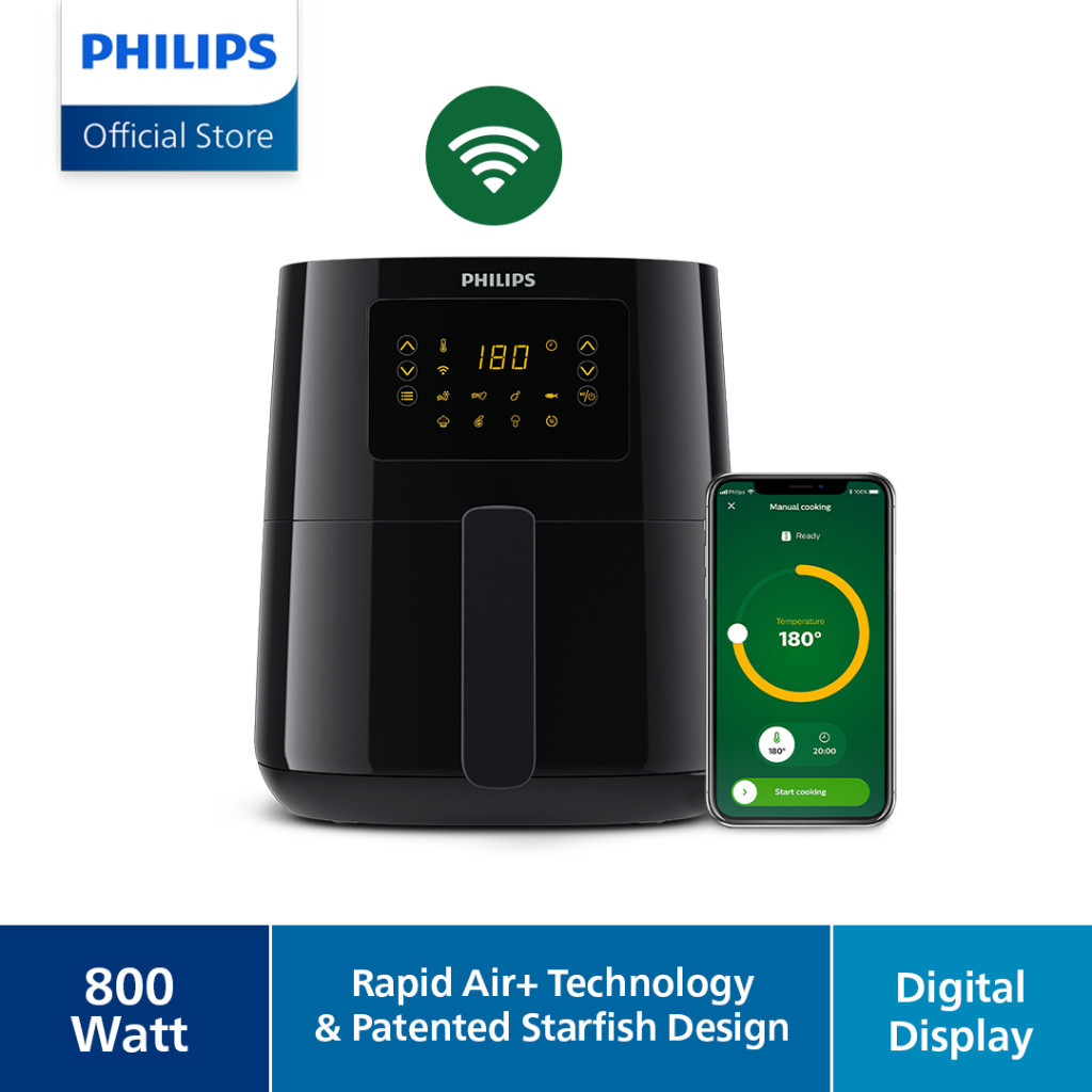 Philips 4.1L Airfryer HD9255/90 LOW WATT Digital - Hitam, Terkoneksi ke Smartphone, Rapid Air+ Technology, 13 Fungsi Memasak, Mudah Dibersihkan