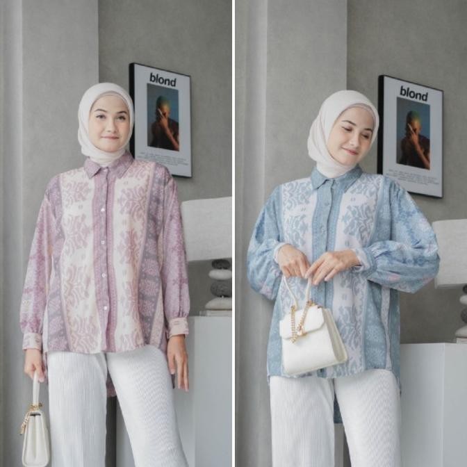 K49 Baju Kemeja Motif Batik Wanita Atasan Oversize Jumbo Ld 130 Elegan