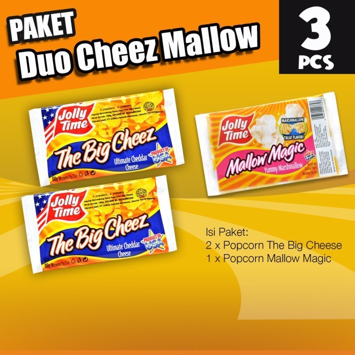 

Paket Duo Cheez Mallow (2TBC, 1MM) - Jolly Time Mircowave Popcorn