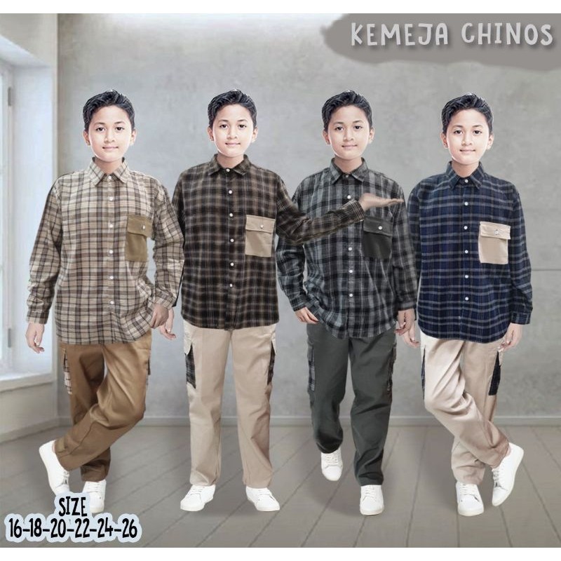 Setelan Kemeja kotak panjang celana kargo Chinos premium London kids