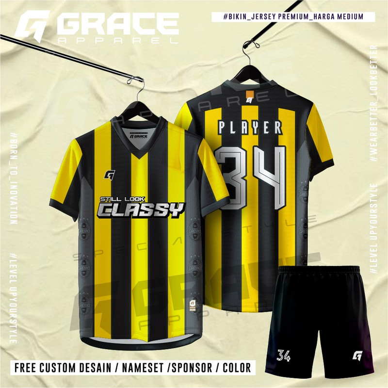 jersey bola volly badminton futsal sepakbola GARIS GOLD KUNING HITAM VOLI SPORT