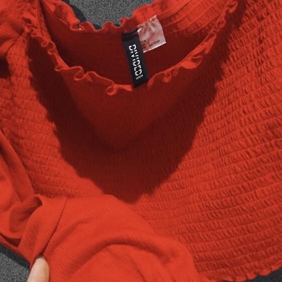 H&M Red Sabrina Longsleeve Cut Off Shoulder Crop Top Hnm New