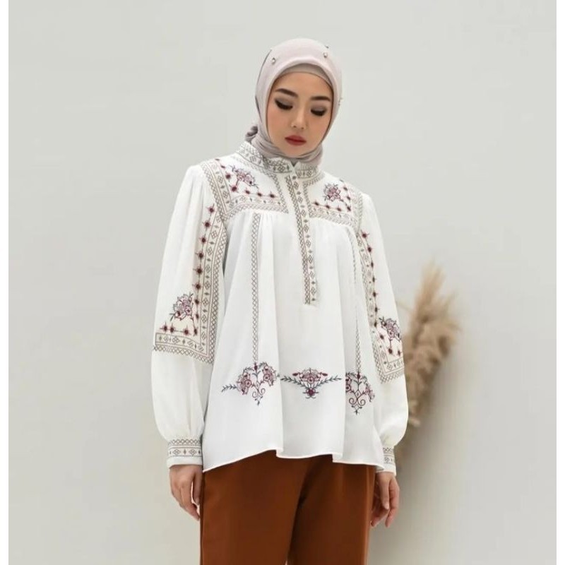 Atasan wanita bordir cantik bunga warna Prabowo sky blue / blouse ceruty lengan panjang balon / dail