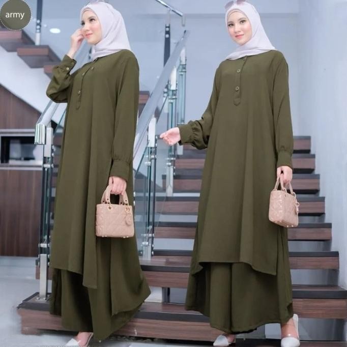 Baruuu Setelan Muslim Wanita Crinkle Terbaru Long Tunik Set Celana Aira Set