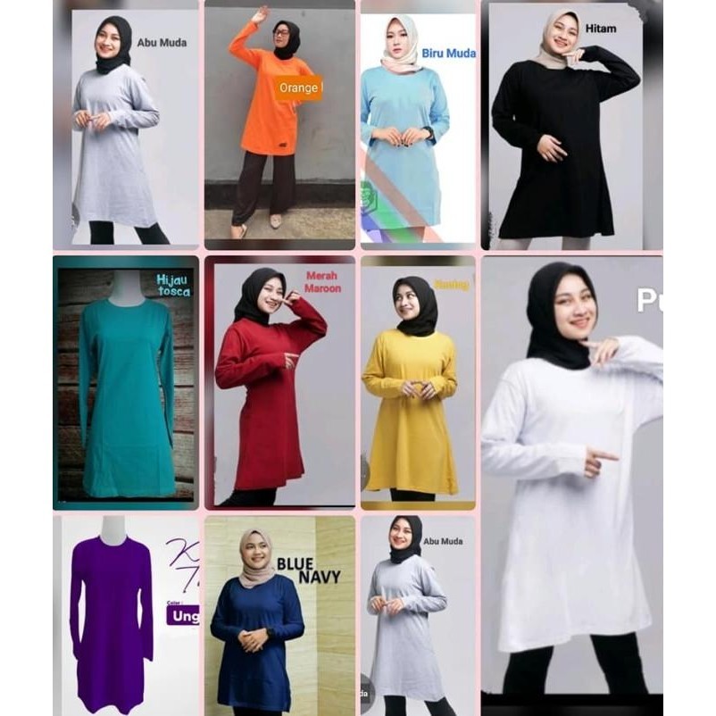 Kaos Polos Tunik Muslimah Lengan Panjang Katun Combed - Kaos Tunik