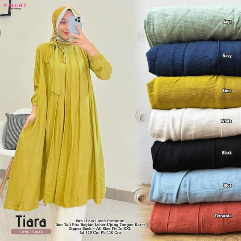 TIARA LONG TUNIK POLO LINEN PREMIUM LD 110CM PB 110CM IKAT TALI POTA BAGIAN LEHER/TUNIK/TUNIKPREKIUM