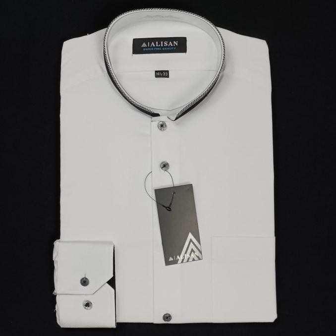 Promo  Kemeja Koko Alisan Kerah Shanghai Putih  Kombinasi Hitam Lebaran 2024