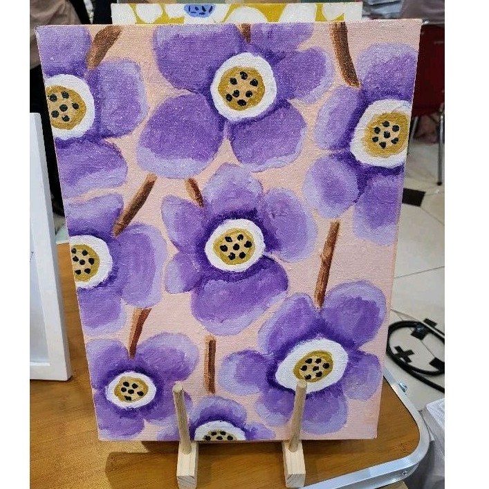 

Purple Flowers. 40x30cm. Lukisan Kanvas Acrylic, Tema Boho dan Retro, Lukisan Tangan Asli, Kanvas Spanram Tinggal Gantung