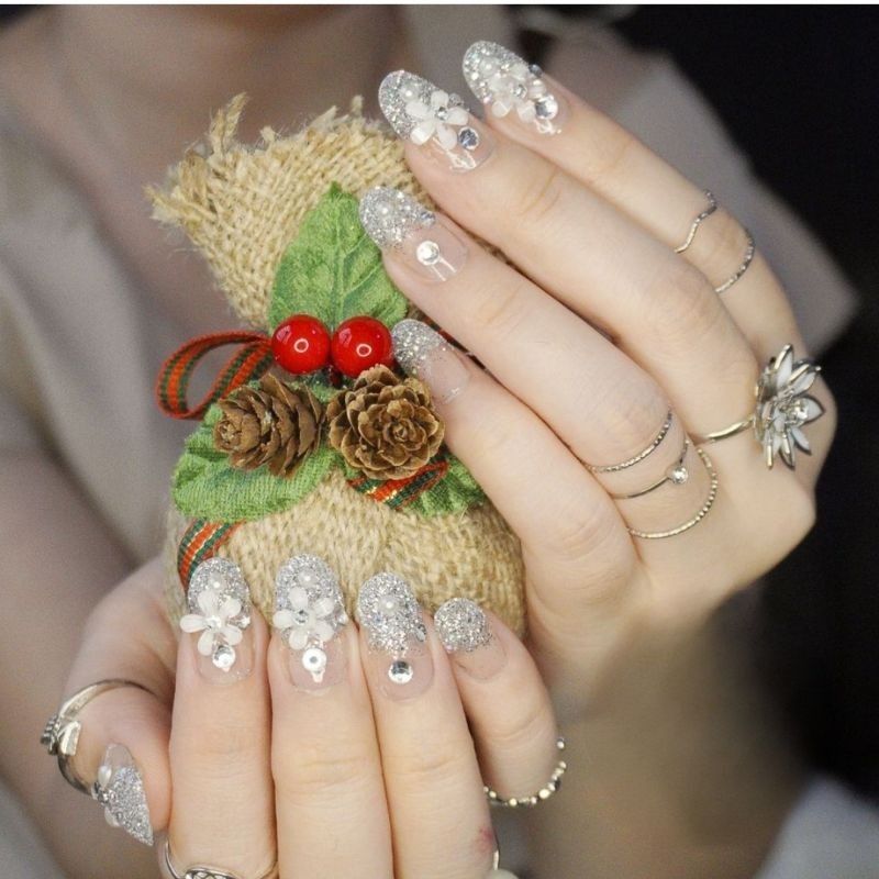 kuku palsu WHITE HENNA PUTIH PERNIKAHAN WEDDING  MUA fake nails art 3d flower bunga