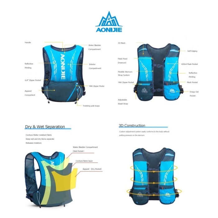 Aonijie C9102S Hydration Backpack Vest 5L Marathon Running - Blue