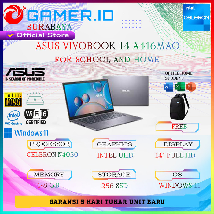 Asus Vivobook 14 A416Mao N4020 4-8Gb 256Ssd W11+Ohs Fhd Backlit