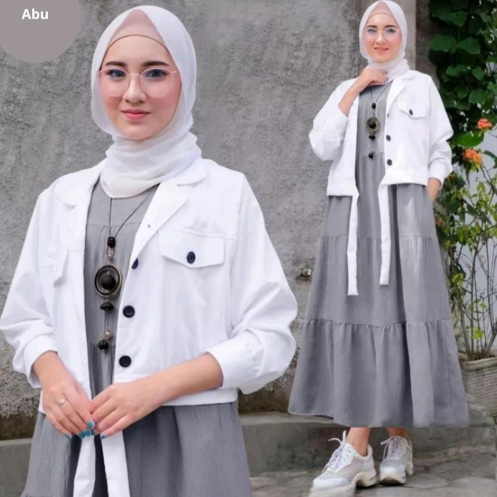 Fz Valen Set Gamis+Rompi -One Set 2in1Crinkle Airflow Setelan Wanita Terbaru 2022 Trend