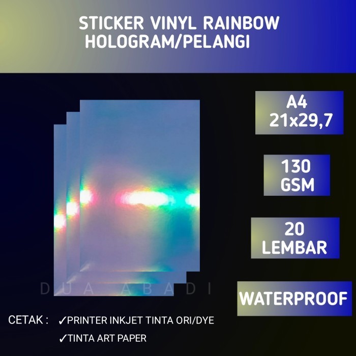 

Sticker Vinyl Inkjet Rainbow/Hologram A4 Isi 20 Lembar Waterproof