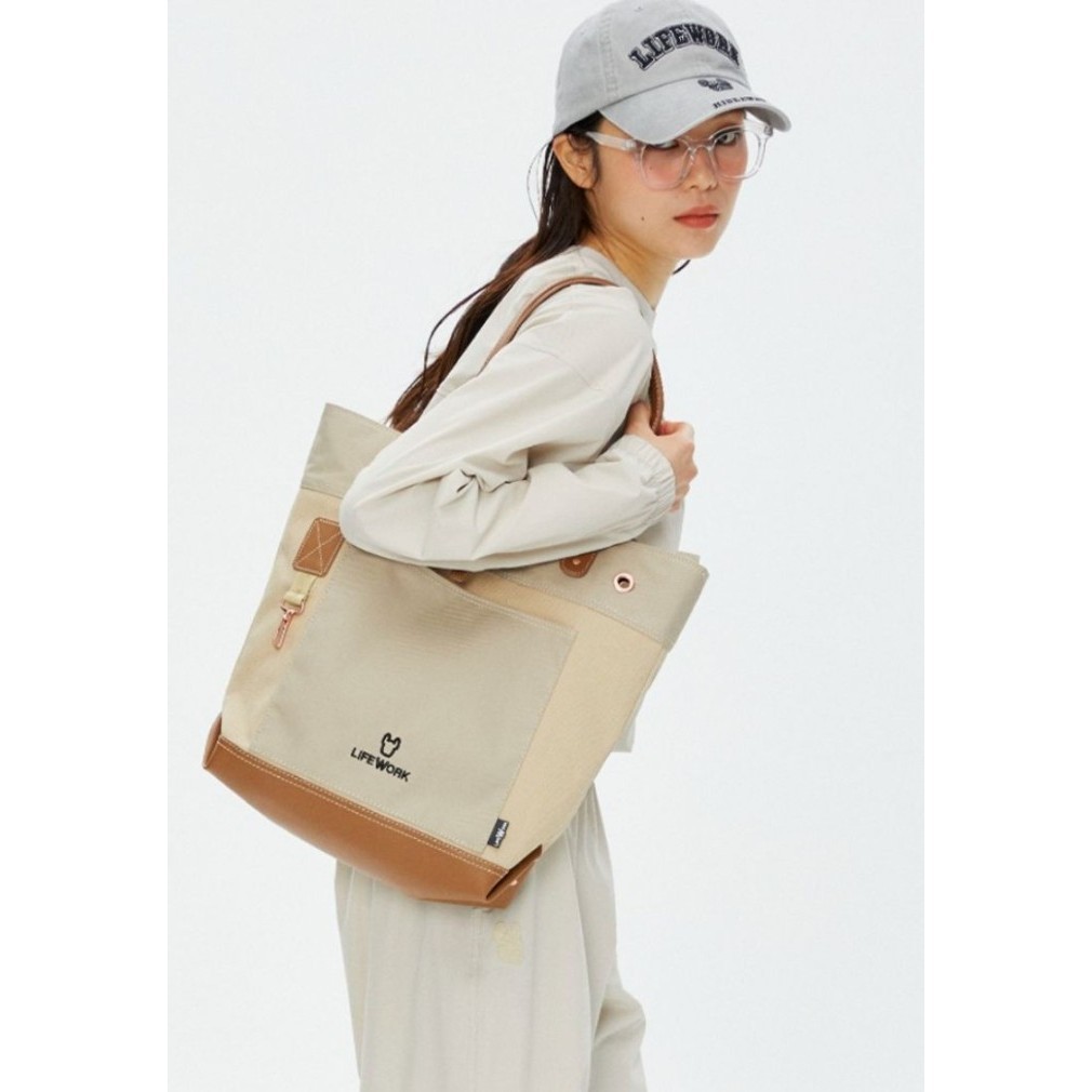 Lifework Logo Trapezoid Tote Bag Beige