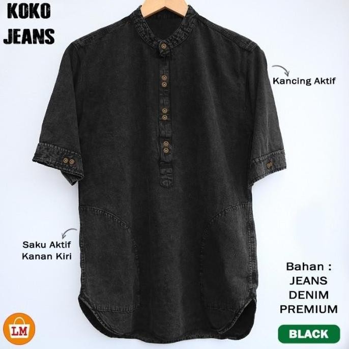 Terbaru Baju Pria Muslim Koko Jeans Lengan Pendek Bahan Denim M-Xxl / Poneshop