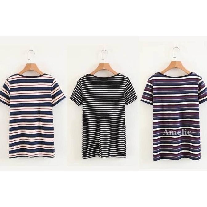 Baju Atasan Kaos Garis Blouse Wanita Korea Import AB646811 Hitam Putih