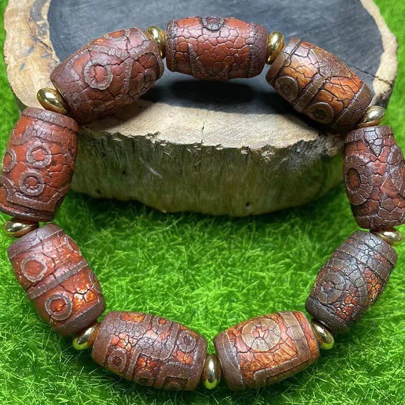 Retro Style Dzi Bead Barrel Bead Bracelet Old Agate Pulp Diamond Bracelet Tibetan Dzi Bead Bracelet