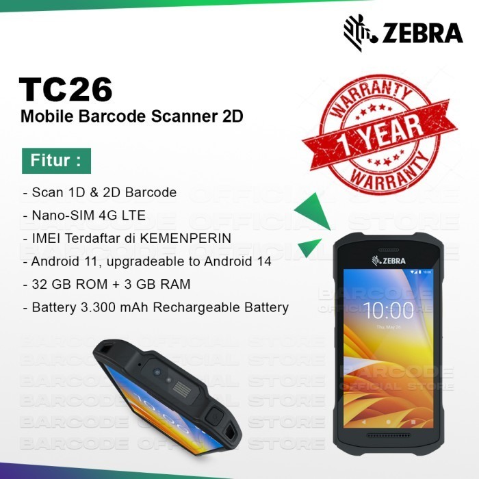 Mobile Barcode Scanner Zebra Tc26 Pdt Pda Android 2D Sim