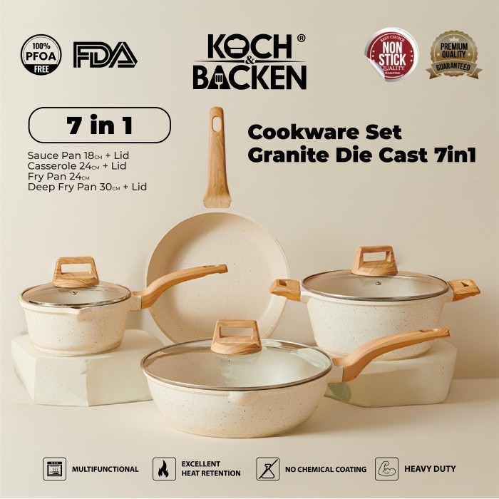 Koch&Backen Cookware Set Granite Diecast-Panci Wajan Anti Lengket 7In1