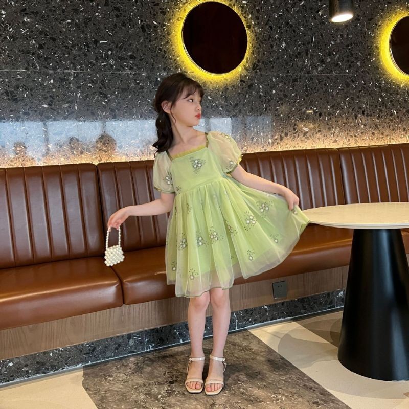 Dress tile bunga bordir tali pita lengan balon premium anak premium 2-5 thn