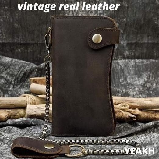 Dompet Kulit Asli Panjang Pria Crazy Horse Vintage-Dompet Rantai