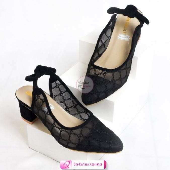 Heels Pesta Wanita Heavenly Brukat Sandal Selop Hak 5Cm Tali Karet