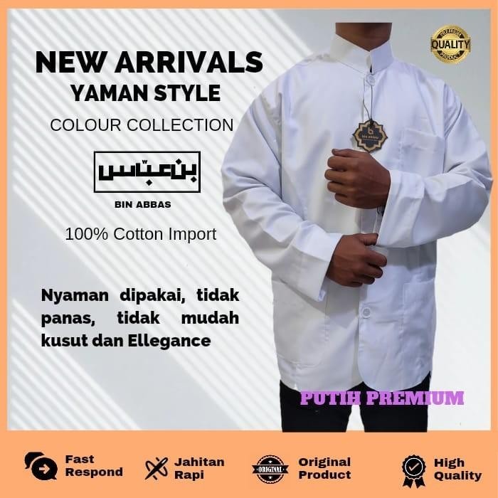 Baju/Kemeja Koko Yamani Habaib/Hadramaut Bin Abbas Jumbo Putih Premium