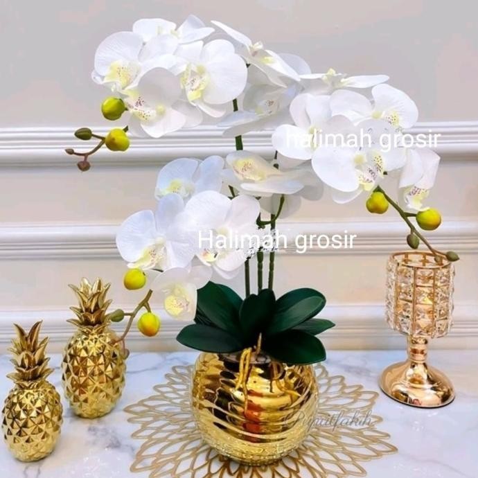Anggrek Latex Premium Artificial Vas Gold 3 Tangkai Bunga Hiasan Meja