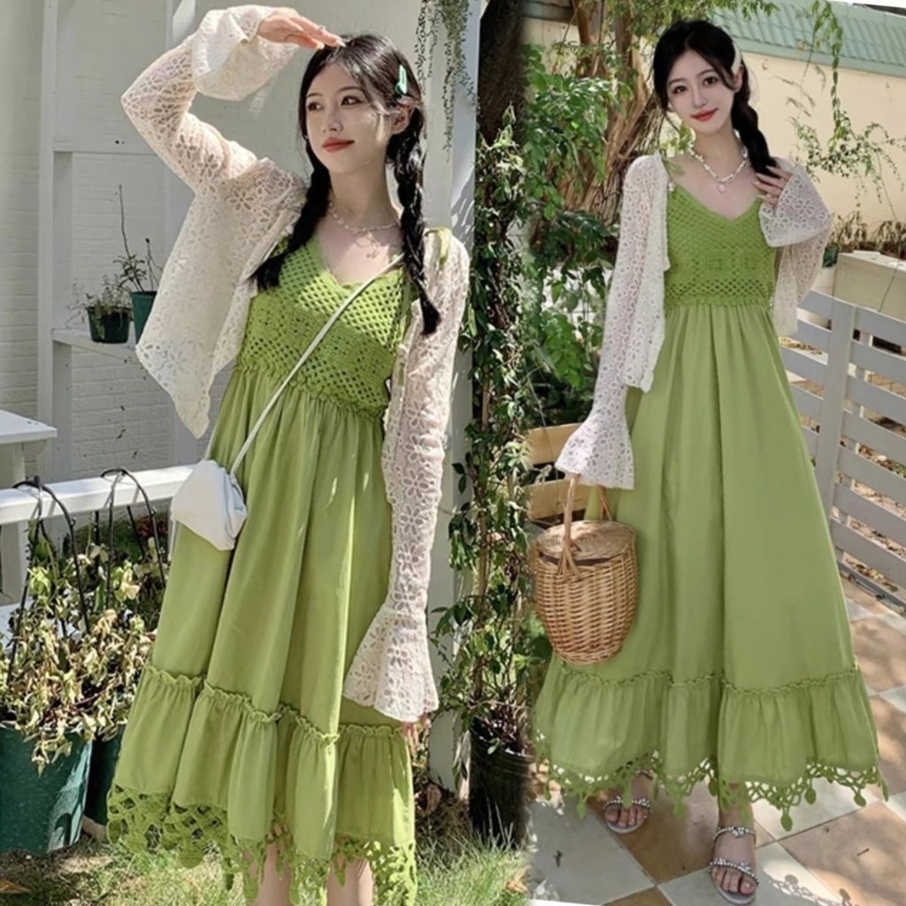 plus Size Women's Bohemian Green Tassel Suspender Dress+Lace Cardigan Two-Piece Suit