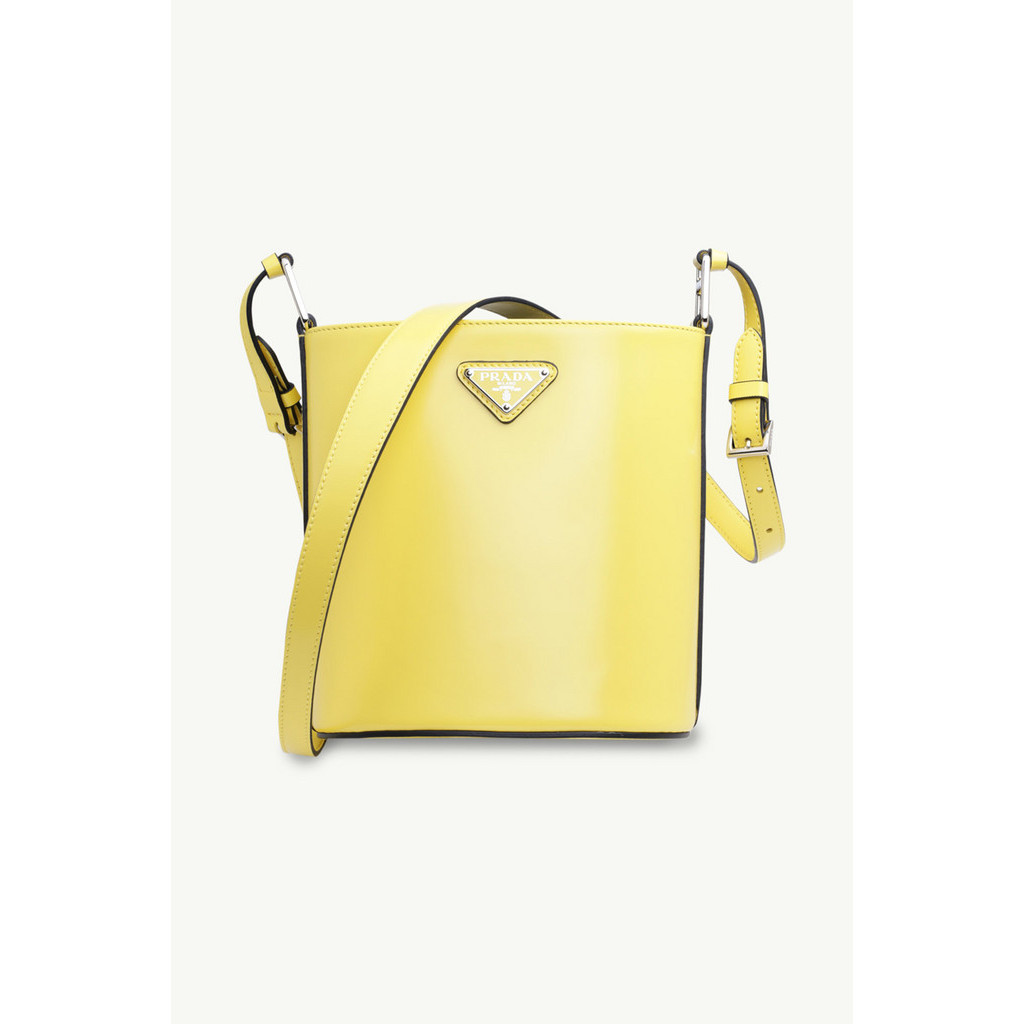 PRADA Mini Triangle Logo Bucket Bag in Yellow Brushed-Leather