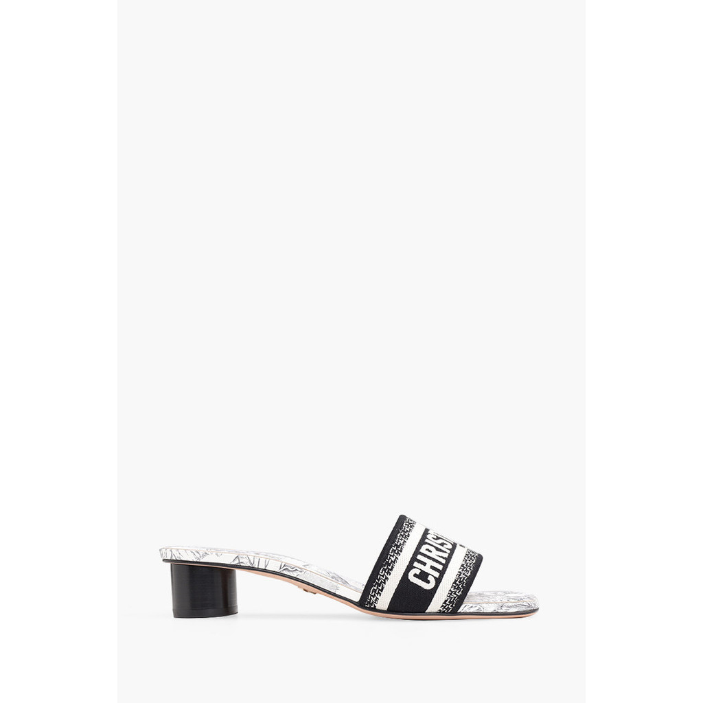 CHRISTIAN DIOR Dway Toile de Jouy Voyage Motif Heeled Slide 35mm in White/Black Embroidered Cotton