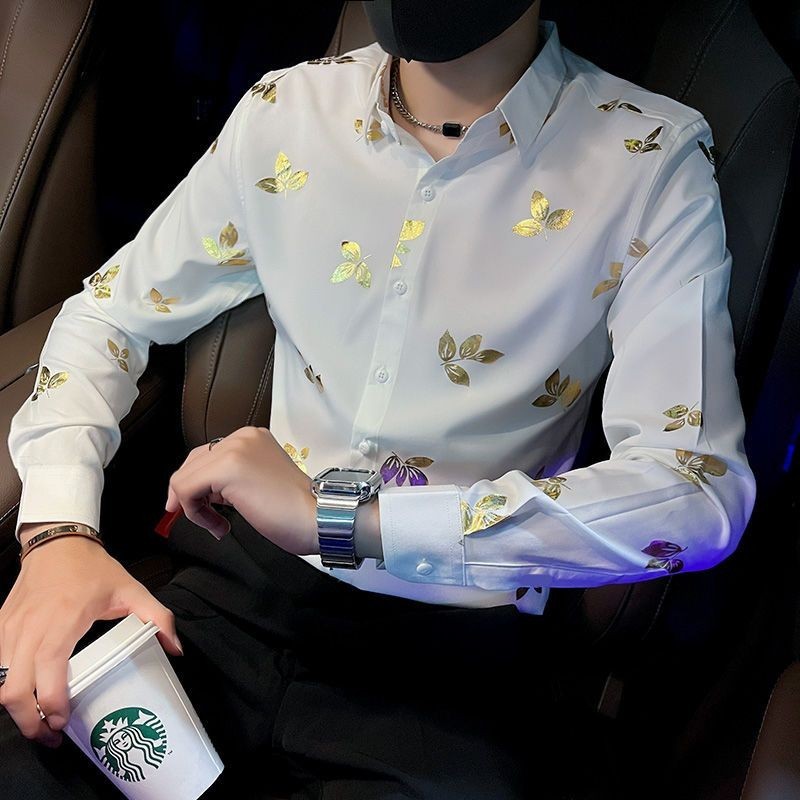 Men's Spring New Men's Shirt Long Sleeve Korean Style Trendy Printing Shirt