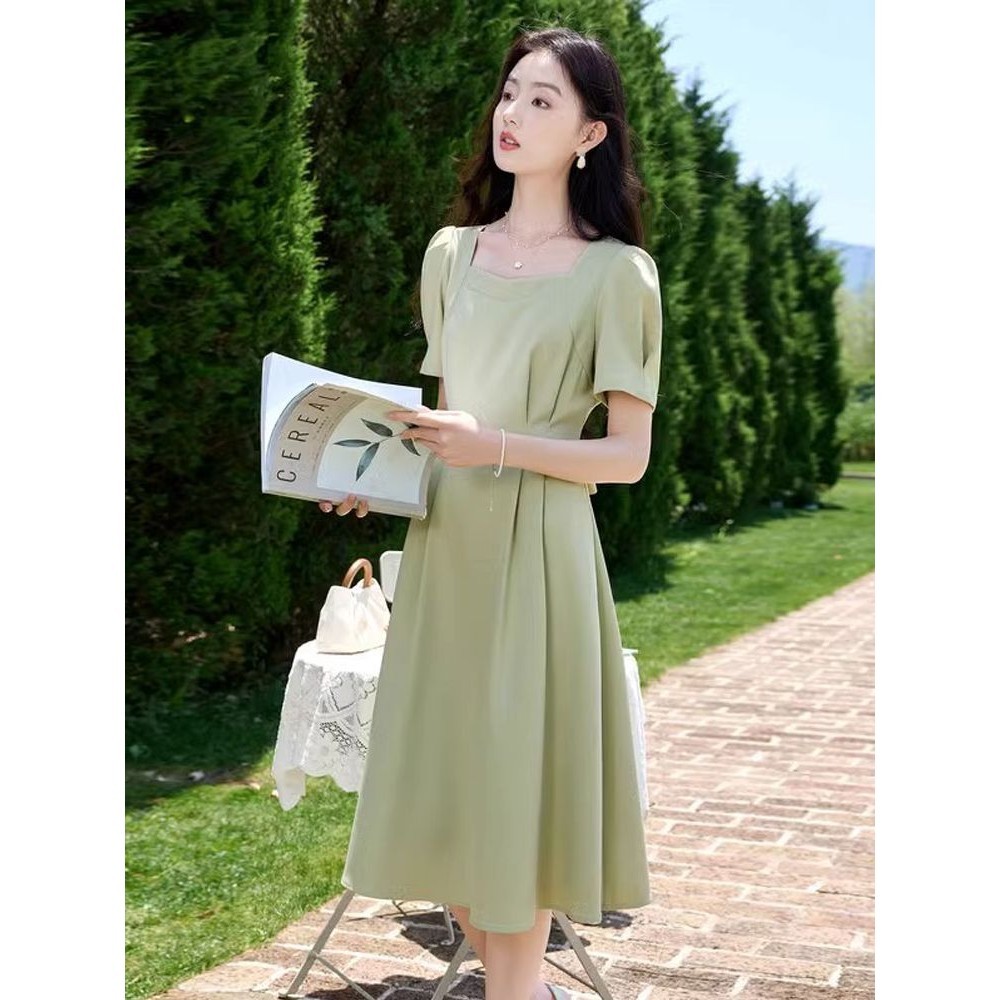 Gaun Lengan Pendek Hijau Prancis, Baju Pelangsing Kecil, Anggun, ModisaRok Garis