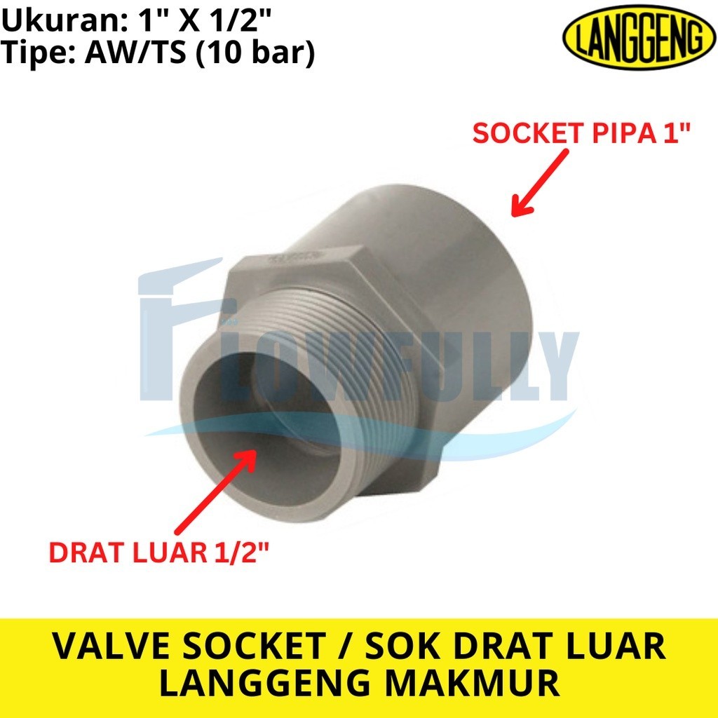 VALVE SOCKET DRAT LUAR 1/2 x 1 INCH LANGGENG SOK SOCK DRAT LUAR