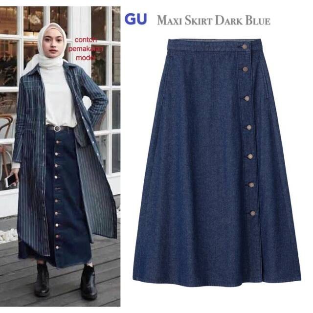 Uniqlo Gu Rok Denim Gu Maxi Skirt Zipper