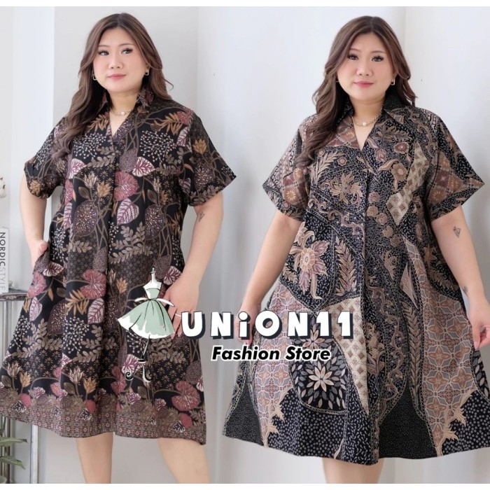 Jumbo Dress Pesta Wanita Batik Foil Kerah Kemeja Ld 126
