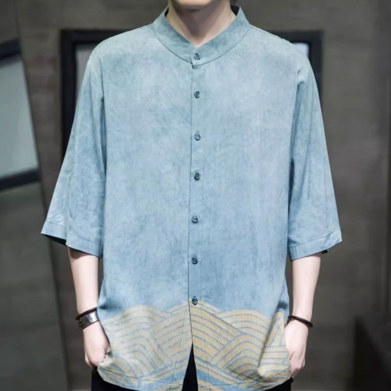 Kemeja Lengan Pendek Gaya China Pria, Kemeja Lengan Setengah Tipis Musim Panas, Setelan Tang Hanfu