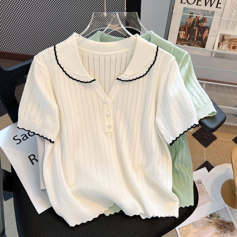 French Style Doll Collar Hollow Short Sleeve Ice Silk Sweater Slimming TemperamentTShirt Top