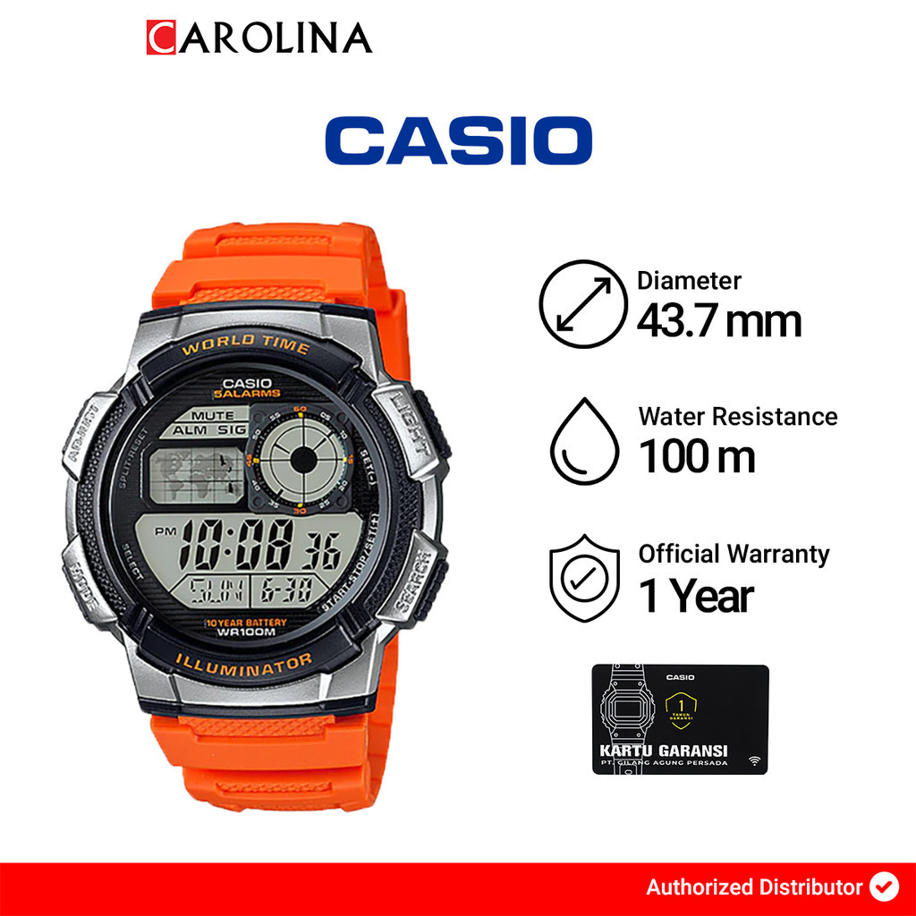 Jam Tangan Pria Casio General AE-1000W-4B 10 Year Battery Water Resistance 100M Orange Resin Band